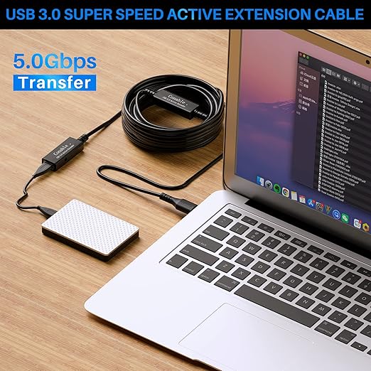 USB 3.0 Active Extension Cable 50 Feet, Long USB Type-A Male to Female Extender Cord, Built-in 2 Signal Booster Smart Chips, 5Gbps Transfer, Black USB Extension Cable with an AC Power Adapter (5V 2A)