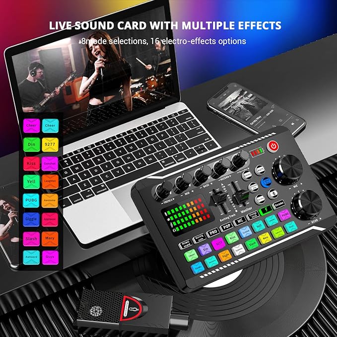 Facmogu F998 Live Sound Card Audio Mixer, Podcast Audio Interface with DJ Mixer Effects, Voice Changer with Sound Effects for PS4 PS5 Karaoke Tiktok YouTube Live Streaming Record Gaming