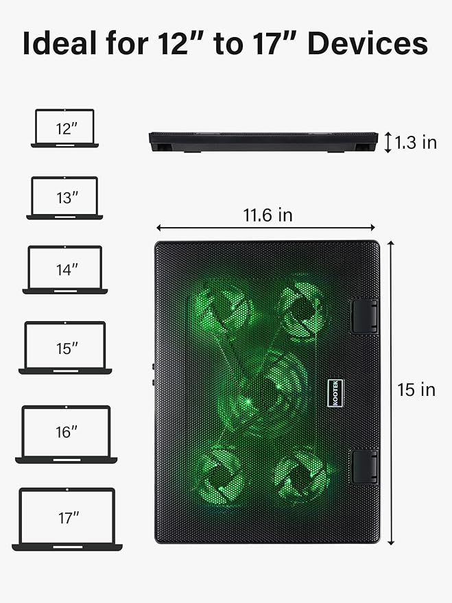 Kootek Laptop Cooling Pad, Laptop Cooler with 5 Quiet Fans for 12"-17" Computer PC Notebook Gaming Laptop Fan, Height Adjustable Laptop Cooling Stand Laptop Accessories, Green