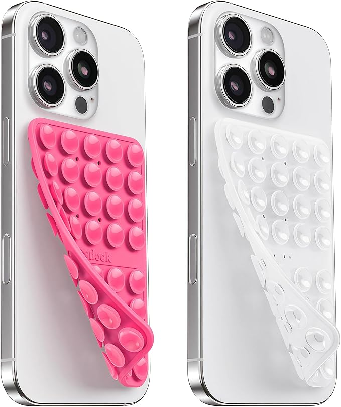 2PCS Silicone Suction Cup Phone Case Mount Double Sided, Hands-Free Phone Accessories Holder for Selfies and Videos, Silicon Sticky Phone Grip for iPhone and Android, Transparent&Hot Pink
