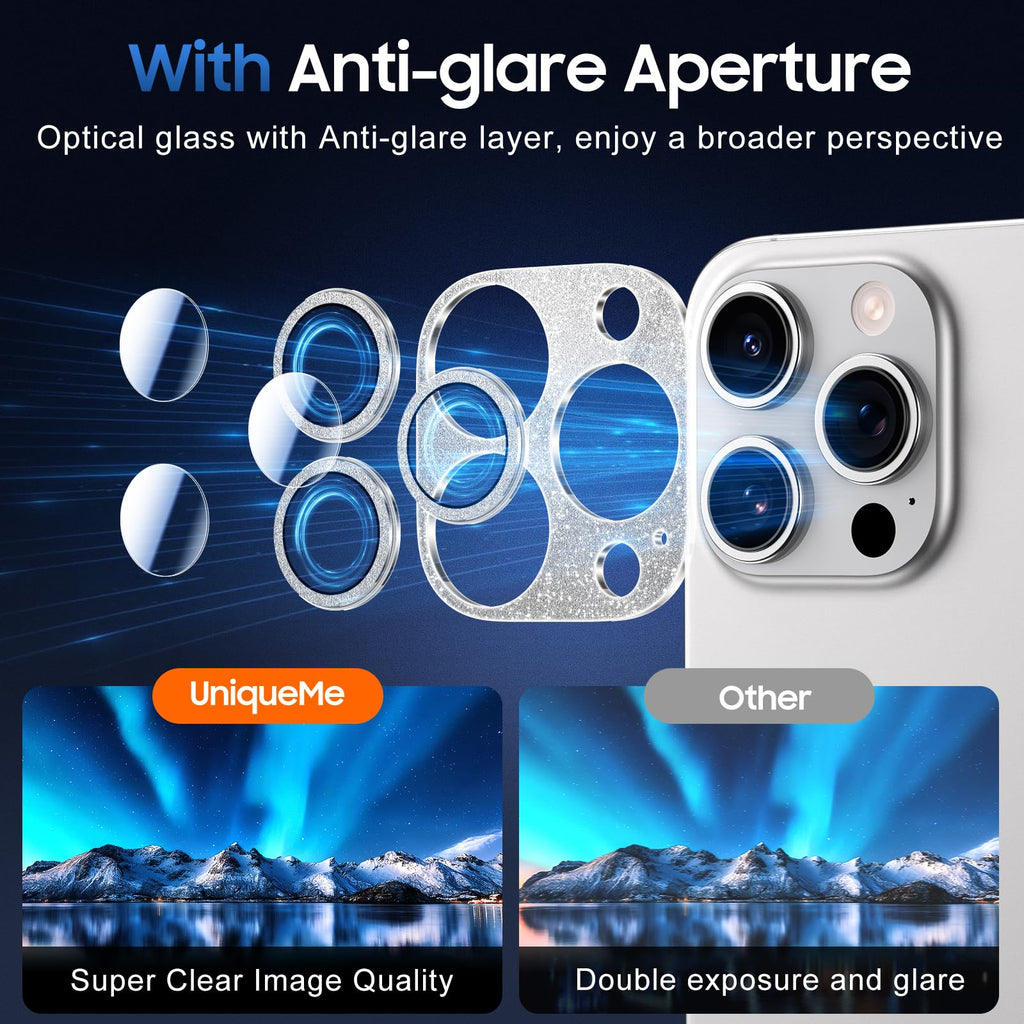 UniqueMe for iPhone 15 Pro/15 Pro Max Camera Lens Protector-Bling Silver