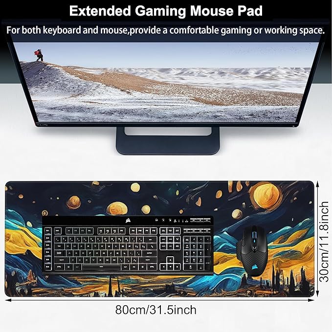 The Starry Night Desk Mat,Large Vincent Van Gogh Oil Painting Gaming Keyboard Mouse Pad,Non-Slip Rubber Base Desk Pad Thick Stitched Edges Waterproof Mousepad Mouse Mat 31.5"x11.8"