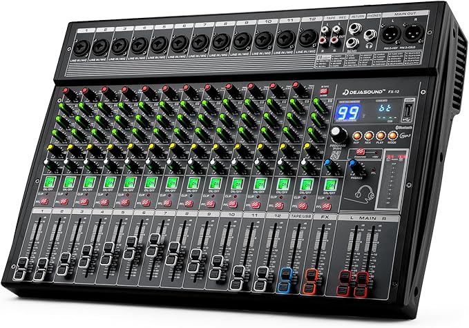 12-Channel Professional Audio Mixer, FX-12usb Mixing Console with XLR Inputs, Bluetooth, 99 DSP Effects, MP3, USB Interface for Podcast, Music, Recording, PC 13.39"x3.54"x18.90"inches