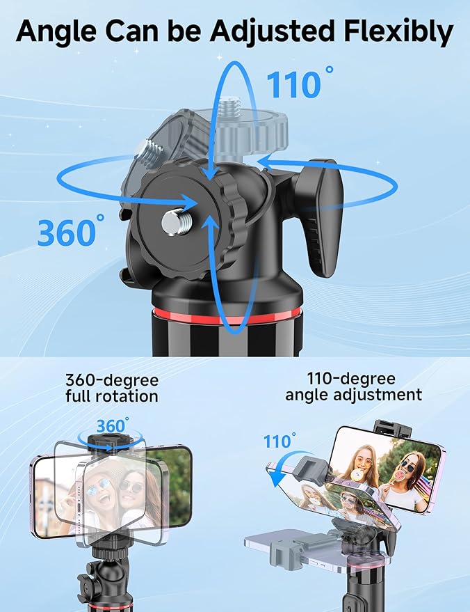 Aluminum Selfie Stick Phone Tripod, 360° Ball Head Selfie Stick for iPhone with Cold Shoe, Extendable Smartphone Tripod Stand with Remote Portable Travel Tripods Compatible with iPhone 16/15/Android