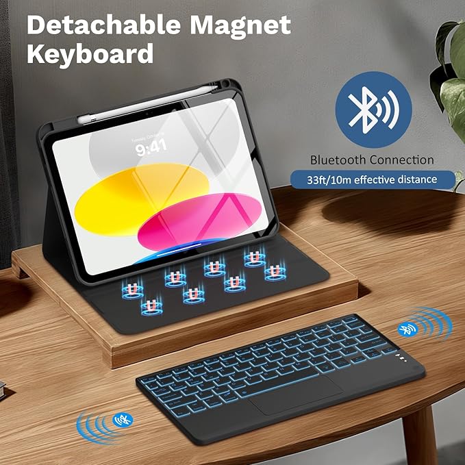 MoKo Touch Keyboard Case for iPad (A16) 11th Generation 11 inch 2025,iPad 10th Generation 10.9 inch Case with Pencil Holder,7 Colors Backlit Multi-TrackPad Detachable Bluetooth Keyboard,Notebook Black