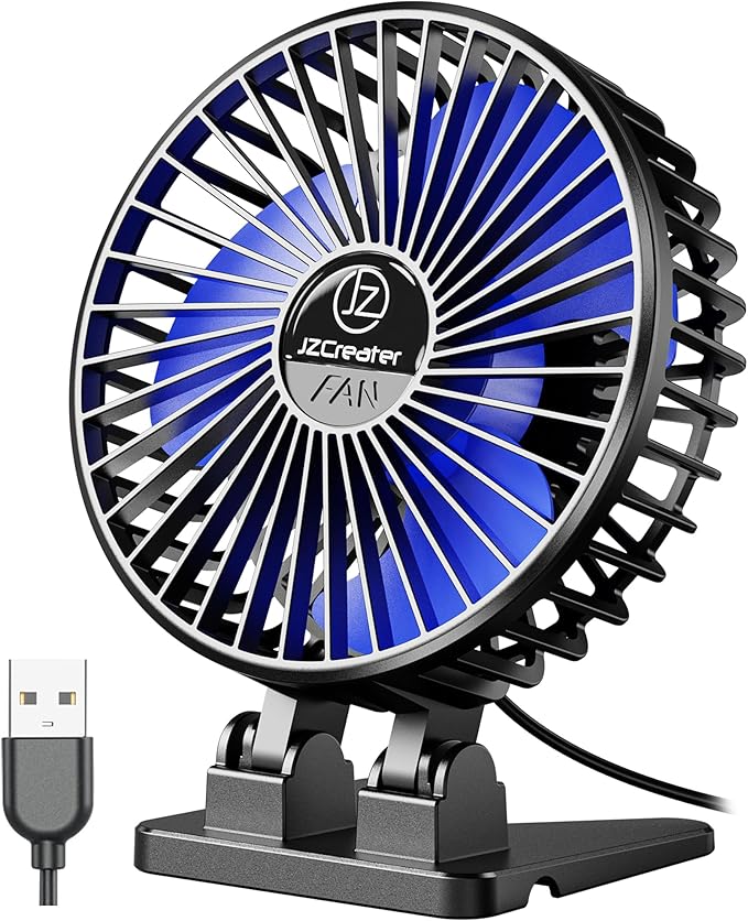 JZCreater USB Desk Fan, Mini Portable Fans, 3 Speeds Desktop Table Cooling Fan, Plug in Power, Rotation Strong Wind, Quiet Personal Small for Home Office Travel Bedroom, Black Blue