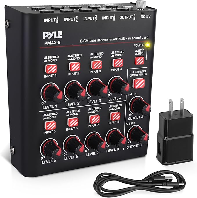 Pyle 8-Channel Wireless BT Streaming Mini Line Mixer with USB Audio Interface - 8 Mono/Stereo Switching Inputs | Ultra-low Noise Design with High Headroom | Built-in USB Sound Card - PMAX8