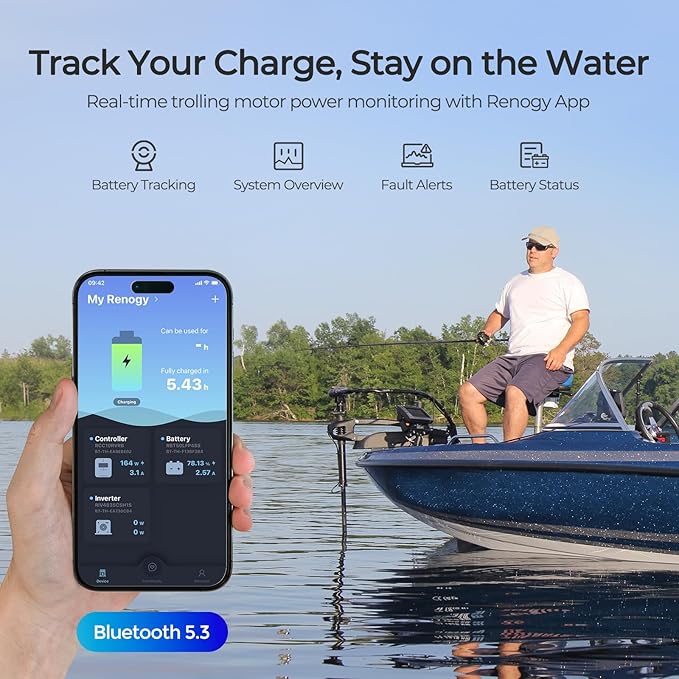 Renogy 12V 100Ah Trolling Motor LiFePO4 Lithium Battery, Bluetooth & 100A BMS, IP67 Waterproof, Group 24 Deep Cycle Battery for Marine, Boat, RV, Off-Grid Backup