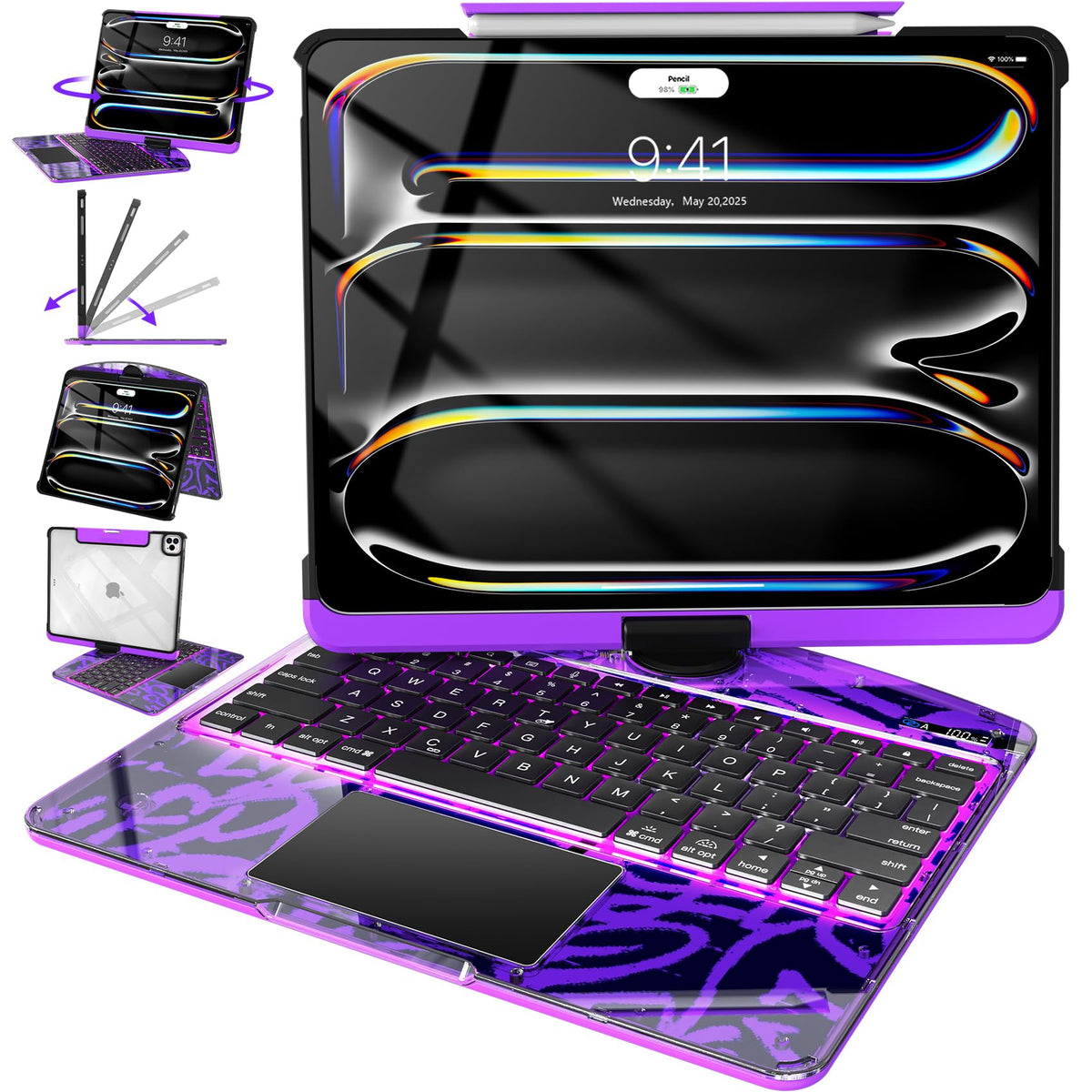 Intermerge Transparent Keyboard Case for iPad Pro 13"(M5,2025/ M4,2024), 360° Swivel Multi-Touch Trackpad, 7-Color RGB Backlit, Pencil Holder, Type-C, Power Indicator, Aqua Pulse
