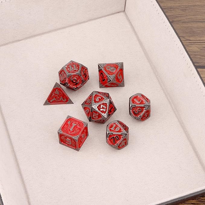PJOY Metal DND Dice Set D&D Dragon Dice Black Red with Metal Case D and D Dice for Dungeons and Dragons TTRPG Gifts