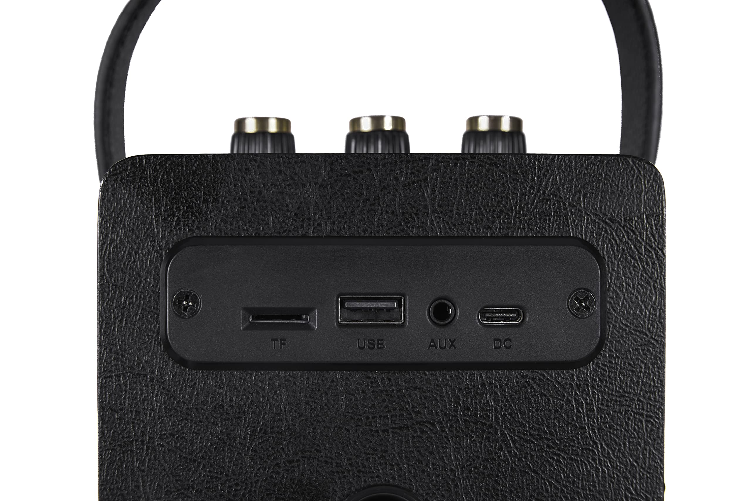 Fuse Andle Vintage Retro Bluetooth Speaker with Vegan Leather Handle | Portable Speaker with Smartphone Connection | USB & AUX Input | Stylish Black Wood Exterior