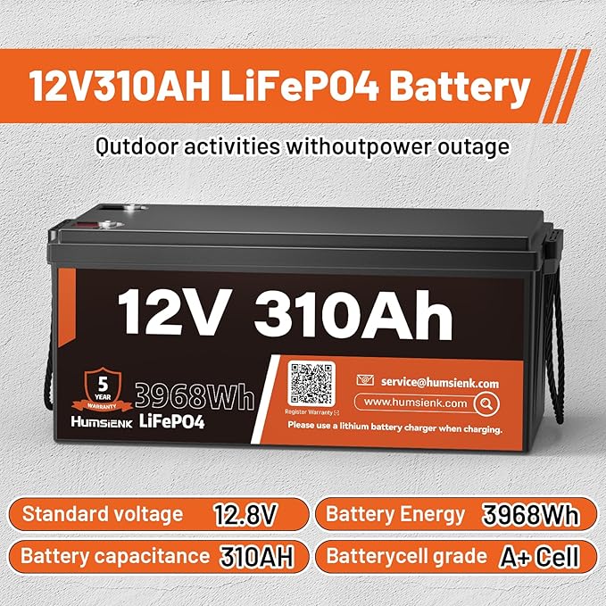 12V 310Ah LiFePO4 Lithium Battery 2PCS– Max. 3968Wh, 15000+ Deep Cycle Battery with 100A BMS, Low-Temp Cutoff | A+ Grade Cells for Marine, Trolling Motor, Off-Grid Home Energy Storage, Van Life