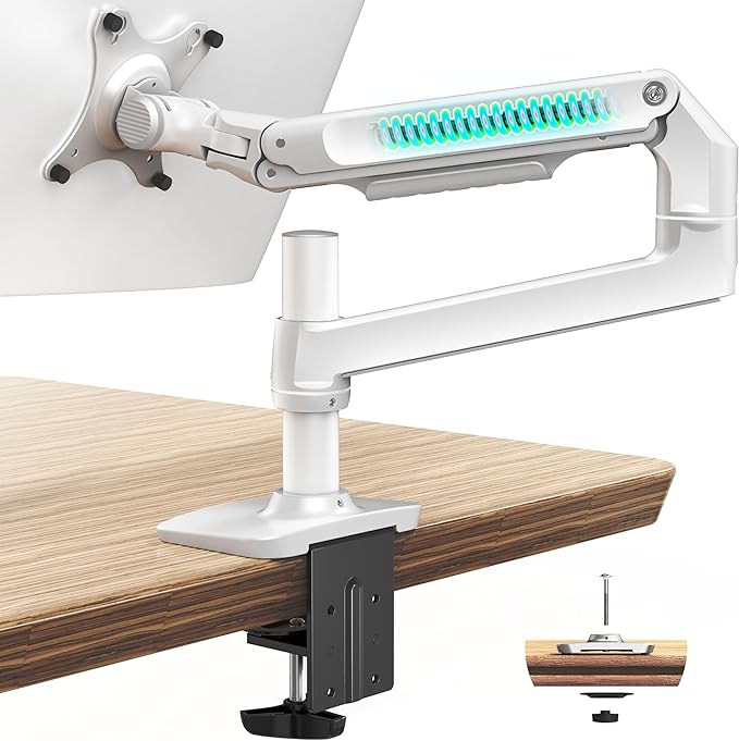 Ergounion Heavy Duty Single Monitor Arm, Mechanical Spring Desk Mount for 13-40 Inch Ultrawide Screens, Holds up to 25lbs, High-Grade Aluminum VESA Mount with C-Clamp & Grommet Base, No-Droop, White