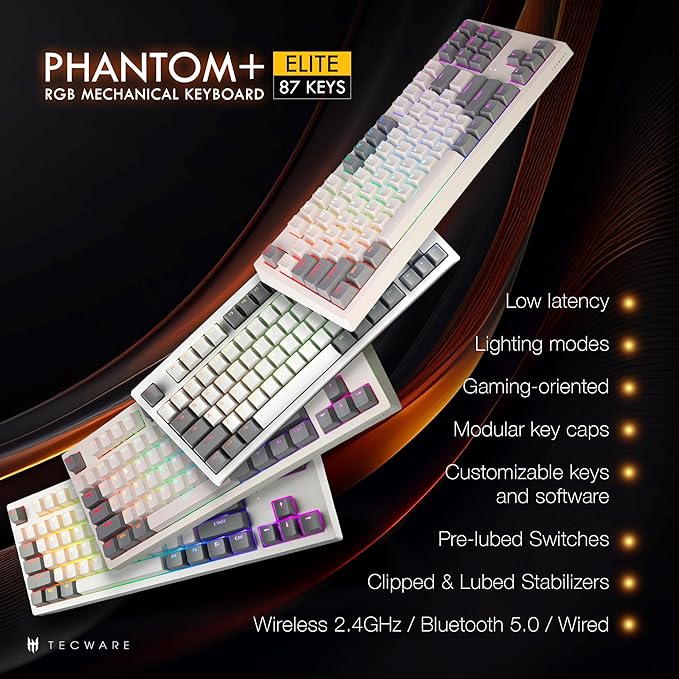 TECWARE Phantom+ Elite 87 Key RGB Mechanical Gaming Keyboard, LED Backlit, Universal Hot-Swap, Wired and Wireless, 3 Mode Connectivity, Thocky Sounding, White Elite Wraith Orange