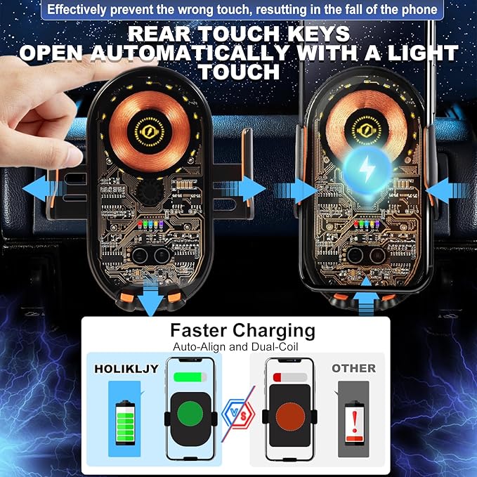 HOLIKLJY Car Phone Holder, Wireless Car Charger Air Vent Auto-Clamp Cell Phone Car Mount with Metal Hook Clip, 360° Rotation - One Button Release for iPhone, Samsung, Google, and All Other Smartphones
