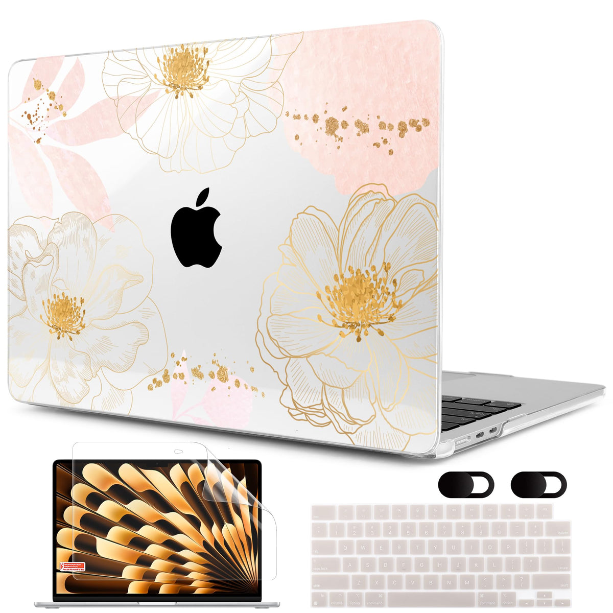 MEEgoodo Case for M5/M4/M3/M2 MacBook Air 13 inch 2026 2025 2024 2022, Fit Model A3449/A3240/A3113/A2681, Case Compatible with MacBook Air 13.6-inch, Gold Flowers Lilies