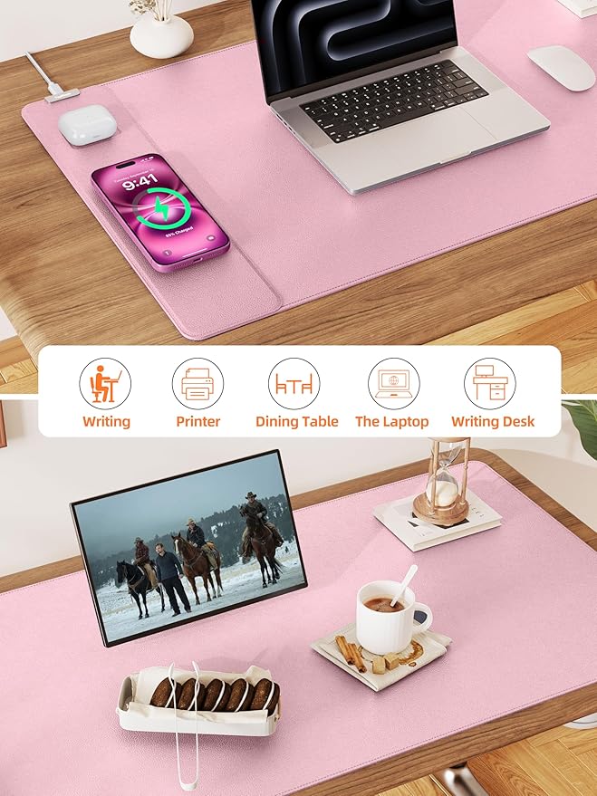 TopMade Mouse Pad with 15W Wireless Charging, XXL Large Leather Desk Mat, Waterproof Gaming Mousepad Home Office Desk Pad Protector, Computer Keyboard Pad, Mouse Mat for for MacBook, PC, Laptop, Pink