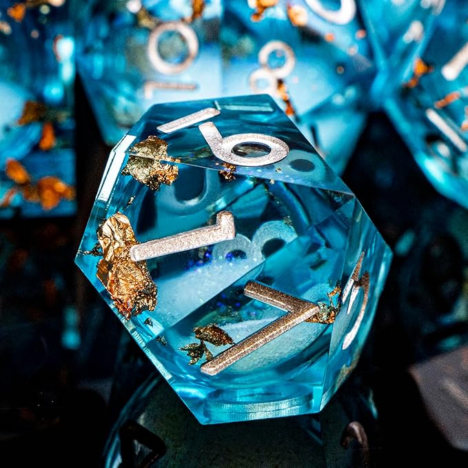 DND Dice Blue Liquid Core Dice Set with Metal Box, Handmade Sharp Edge D and D Polyhedral Dice for use with RPG D&D Role Playing Game