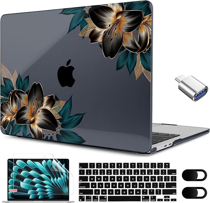 MEEgoodo for M4/M3/M2 MacBook Air 15.3 inch Case 2025 2024 2023, Case Fit Model (A3241/A3114/A2941) for MacBook Air 15 inch, Laptop Hard Shell with Keyboard Cover, Golden Lilies