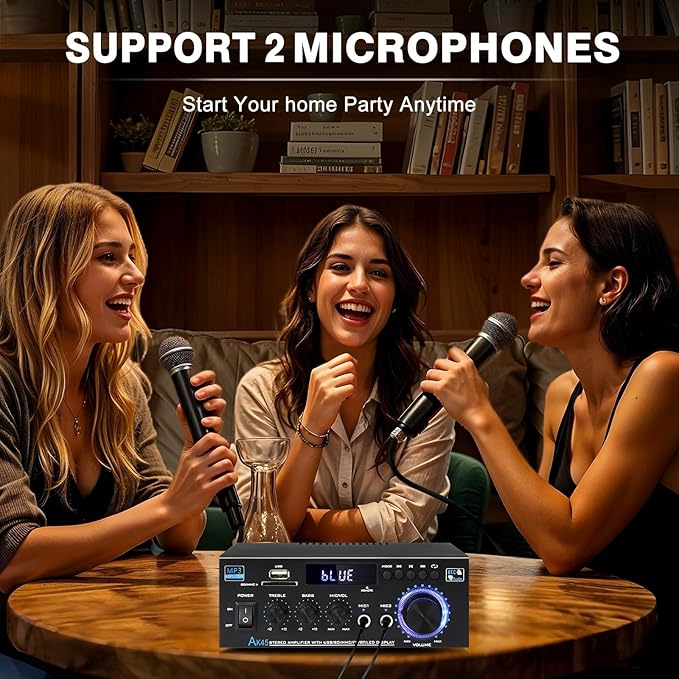 AK45 Stereo Receivers Amplifier Home Audio with Bluetooth, 300W, 2.0 Channel Power Amplifier for Home Stereo Syetem with RCA,SD,FM,USB, MIC in,Bluetooth Receiver for Karaoke,Studio