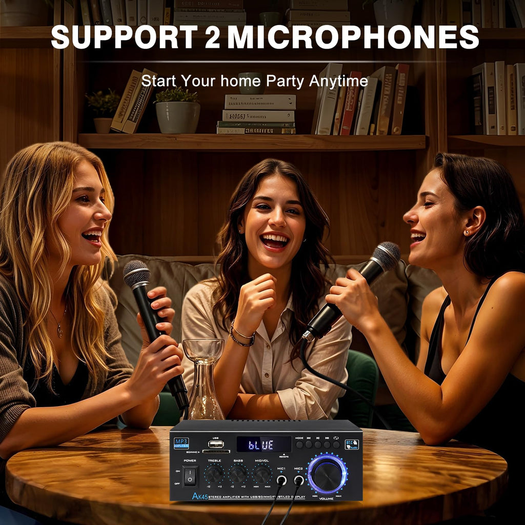 AK45 Stereo Receivers Amplifier Home Audio with Bluetooth, 300W, 2.0 Channel Power Amplifier for Home Stereo Syetem with RCA,SD,FM,USB, MIC in,Bluetooth Receiver for Karaoke,Studio