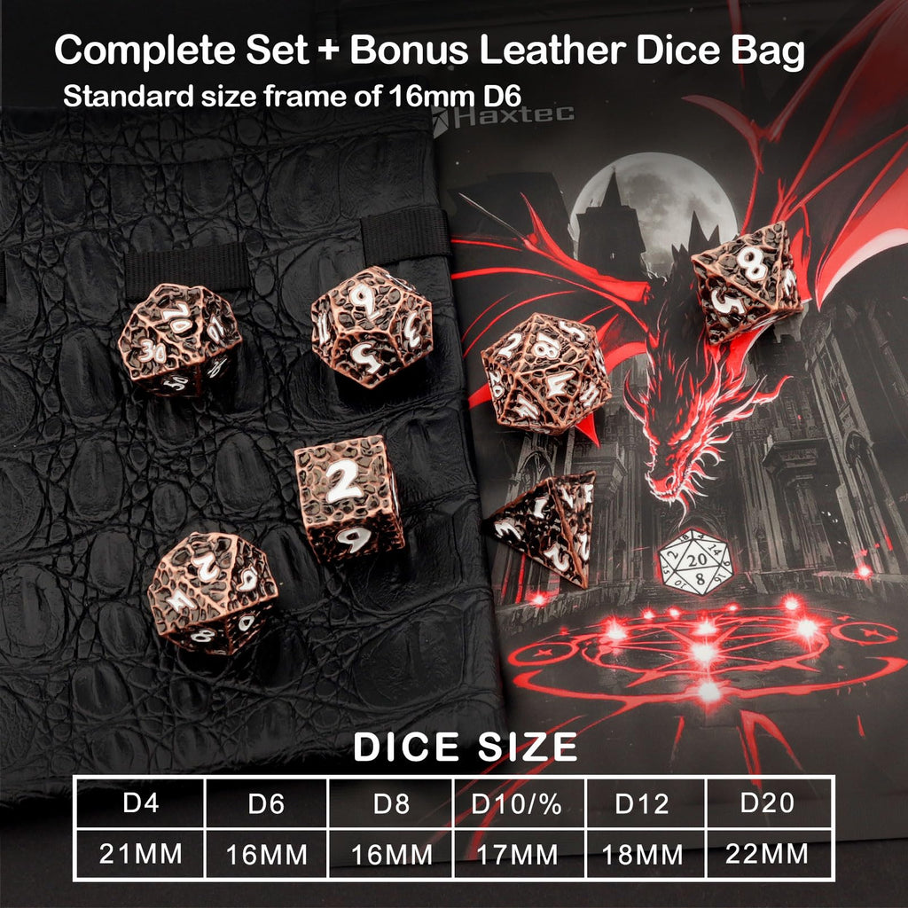 Haxtec Copper Metal DND Dice Set Polyhedral D&D Dice with Leather Dice Bag Compatible with Dungeons and Dragons Gifts TTRPG Antique Style Metal Dice for DND Players Masters