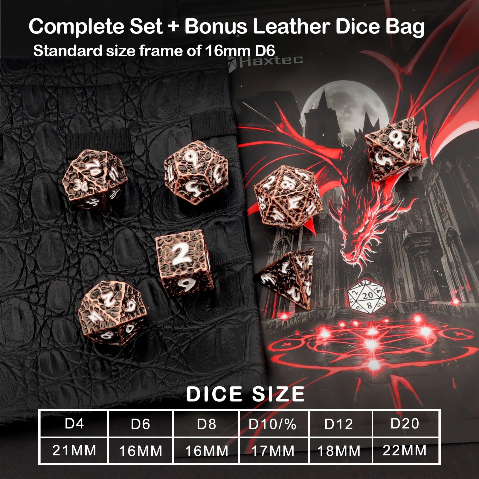 Haxtec Copper Metal DND Dice Set Polyhedral D&D Dice with Leather Dice Bag Compatible with Dungeons and Dragons Gifts TTRPG Antique Style Metal Dice for DND Players Masters