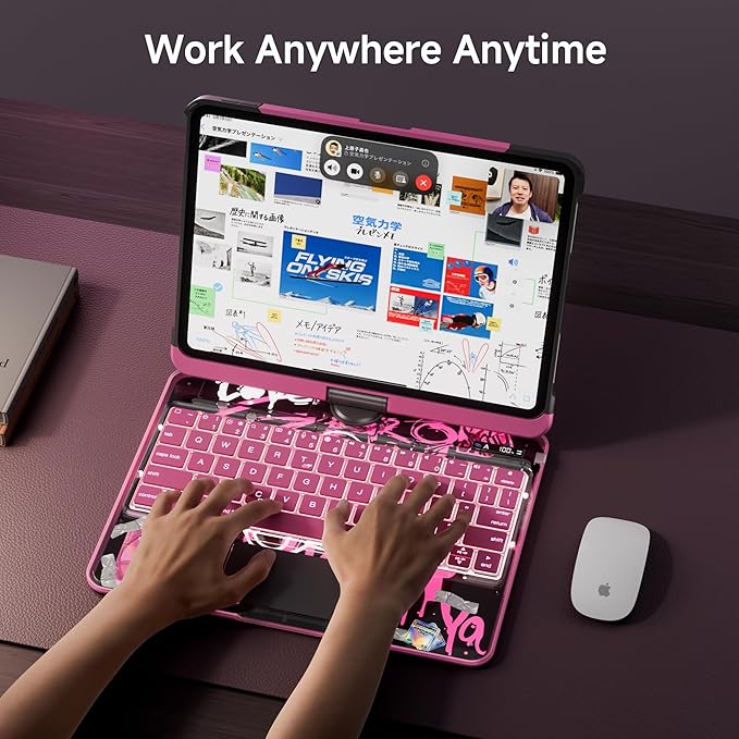 iPad Keyboard Case for iPad 10th Gen (2022) & 11th (A16, 2025), Magic Wireless Keyboard with Trackpad 7 Color Backlit, 360° Rotating Stand Transparent Protective Cover with Pencil Holder (Pink)