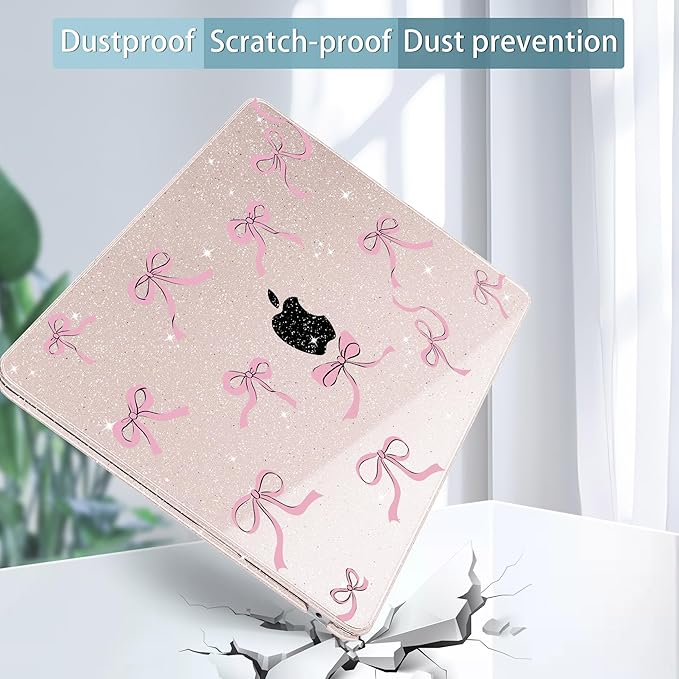May Chen for MacBook Air 13.6 inch Case A3240 M4 A3113 M3 A2681 M2 with Retina Dispaly, 2025 2024 2023 2022 Release, Plastic Hard Shell Case with Keyboard Cover, Sakura Pink Glitter Bow