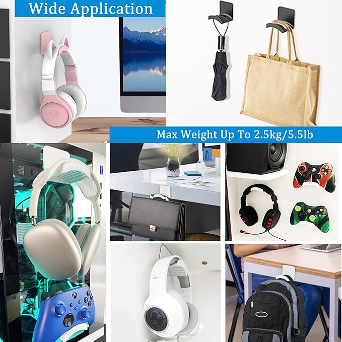 SOKUSIN Headphone Stand Headset Holder - Adhesive Gaming Earphones Hanger, Universal Desk Wall Mount Hook for All Headphone/Controller, Compatible with Beats, AirPods Max,Sony, JBL (White-2PCS)