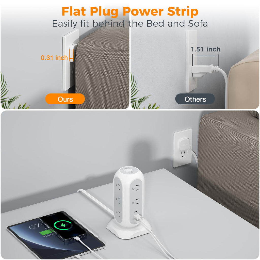 TESSAN Tower Power Strip Flat Plug with 1050J Surge Protection, 6 Ft, Grey