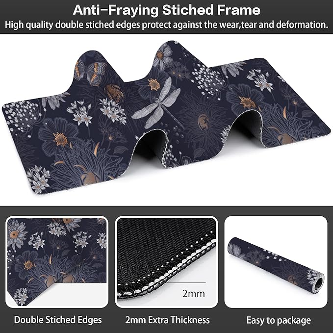 Wildflowers and Insects Desk Mat,Large Cute Flowers Butterflies and Dragonflies Gaming Keyboard Mouse Pad,Non-Slip Rubber Base Desk Pad Thick Stitched Edges Waterproof Mousepad Mouse Mat 31.5"x11.8"
