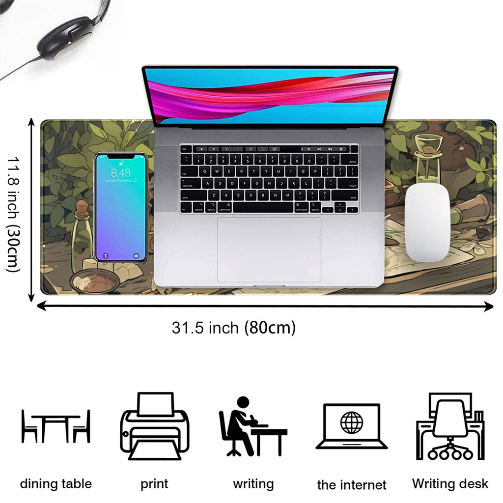 Cute Green Plants Desk Mat Anime Sage Mouse Pad Gaming Desk Pad XL, Kawaii Aesthetic Laptop Computer Keyboard and Mouse Mat, Desktop Decor Accessories Mousepad for Girl Women Office 31.5"x11.8"