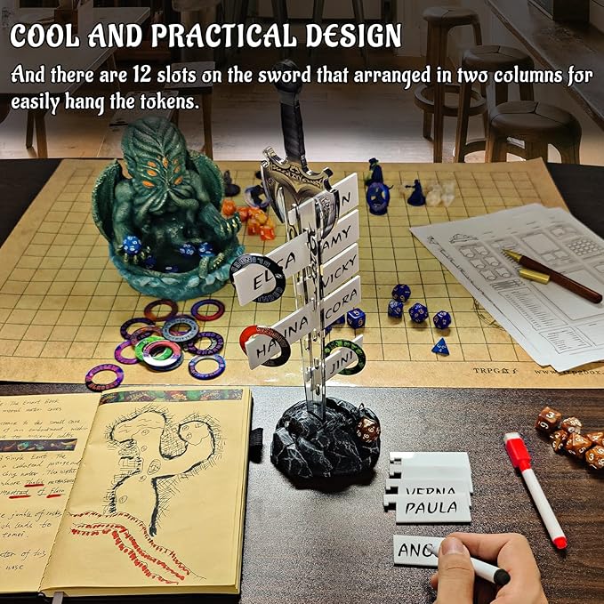 Initiative Tracker Acrylic Laser Cut Sword in The Stone Base with 12 PCS Erasable Taken Flags Perfect for D&D, Dungeons & Dragons, Pathfinder and Other Tabletop RPG