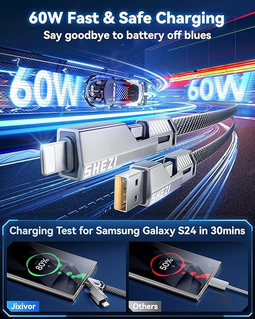 [One is Enough] 4-in-1 Compatible with USB C to Lightning Cable, 60W High-Speed Charging & Fast Data Transfer,CarPlay & Android Auto Support Multi Charger Cord Combo for iPhone/Samsung/iPad,10FT