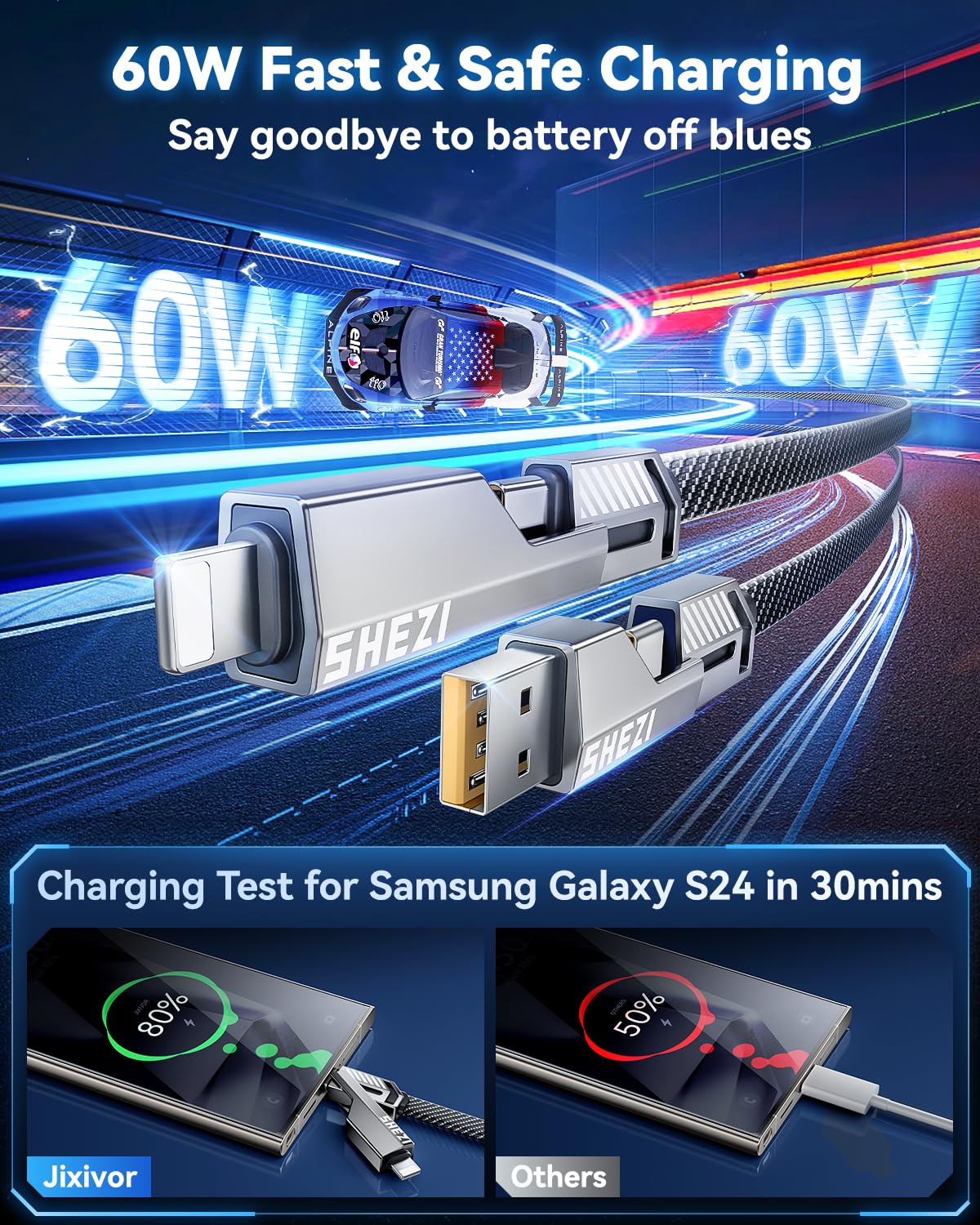 [One is Enough] 4-in-1 Compatible with USB C to Lightning Cable, 60W High-Speed Charging & Fast Data Transfer,CarPlay & Android Auto Support Multi Charger Cord Combo for iPhone/Samsung/iPad,5FT