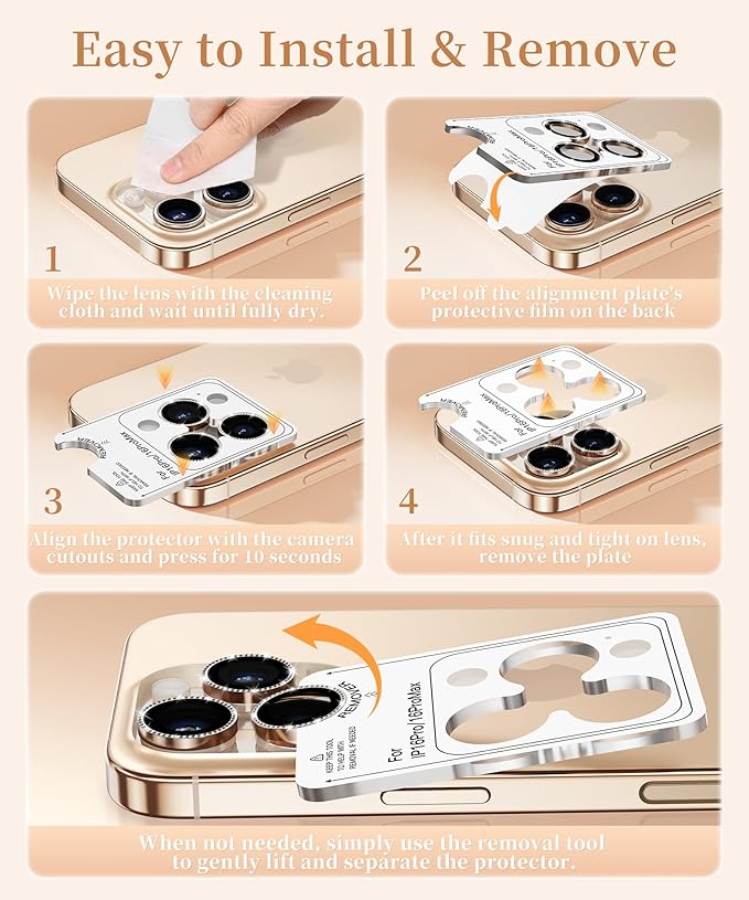 GolbinBox Camera Lens Protector for iPhone 16 Pro Max/16 Pro, 1:1 Invisible Fit, 9H Tempered Glass Ultra HD Metal Individual Camera Cover Screen Protectors for Women, Case Friendly, Bling/Desert Gold