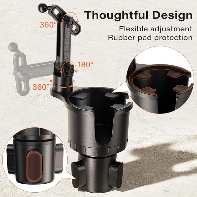 APPS2Car 2-in-1 Cup Phone Holder Mount for Car – Adjustable Arm & Base, 360° Rotatable Cradle – Holds 18–40oz Bottles & Smartphones – for Cars, SUVs, Trucks