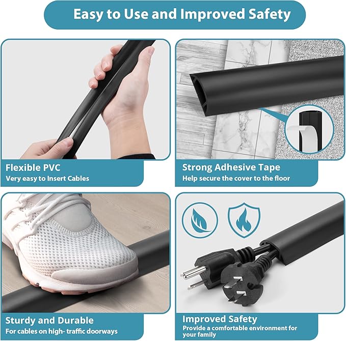 Floor Cable Cover 3ft Brown, LZEOY Cord Covers for Wires on Floor, Low Profile Cord Hider Cable Management, Office/Carpet Compatible