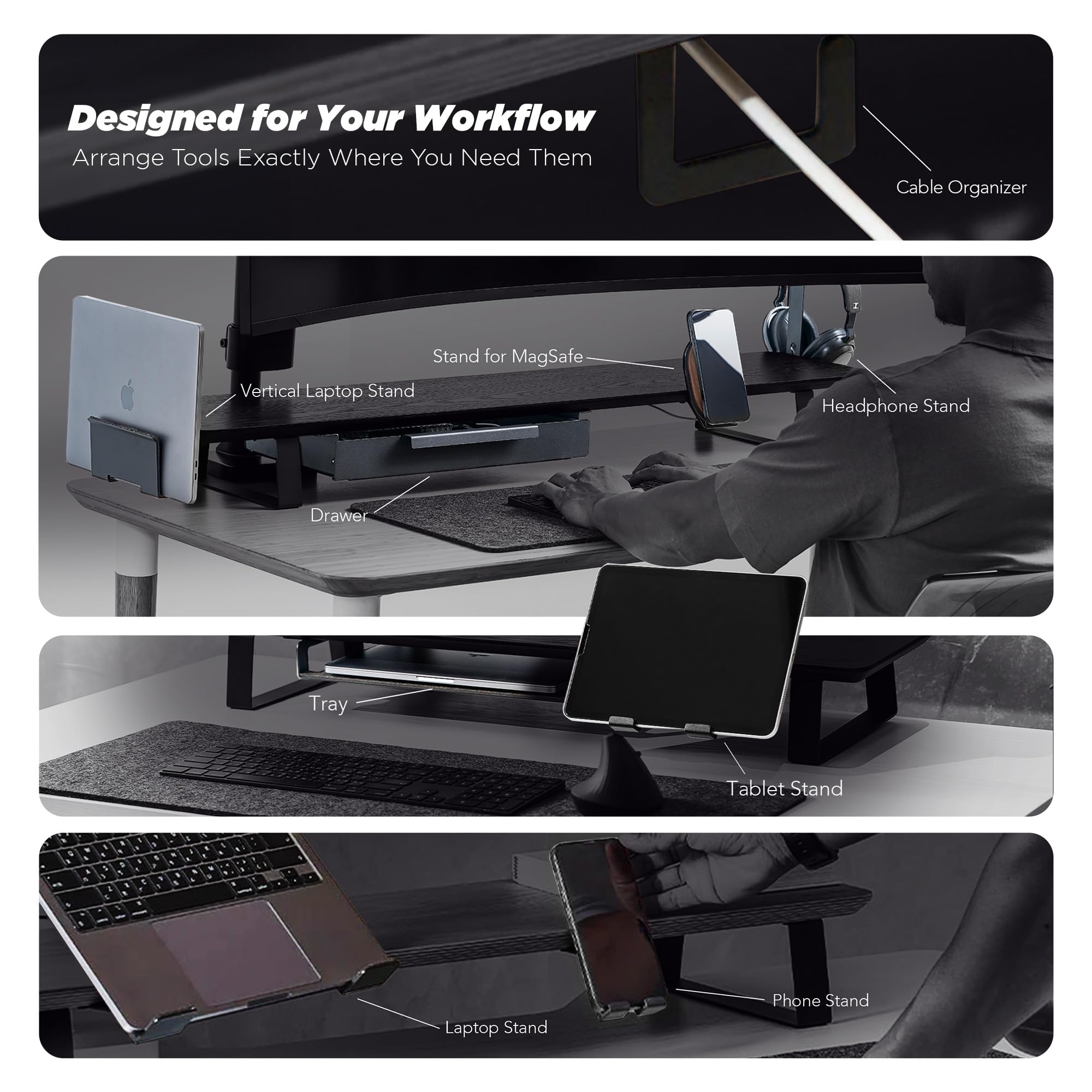 ULTRARM Moodular Wooden Monitor Stand Desk Organizer, Standard 33.4" Black