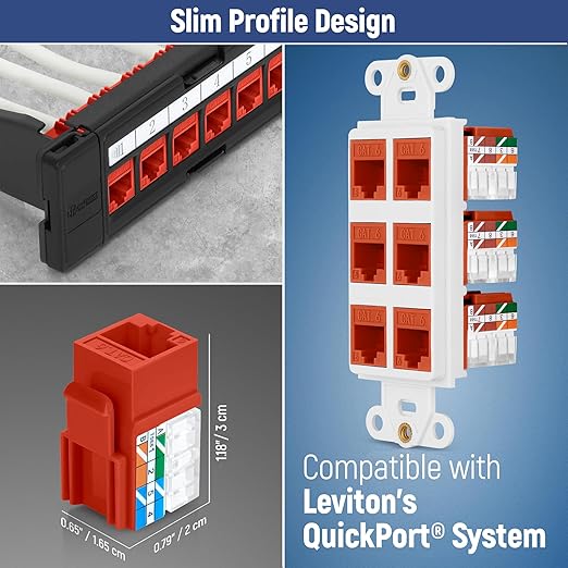 Everest 90° Angled RJ45 Cat6A Keystone Jacks 50-Pack in Orange - Slim Profile Female RJ45 Connectors - Cat 6A Keystone Jack - Compatible with 90° Angled Speed Termination Tool - easyJACK (B094WB91H3)