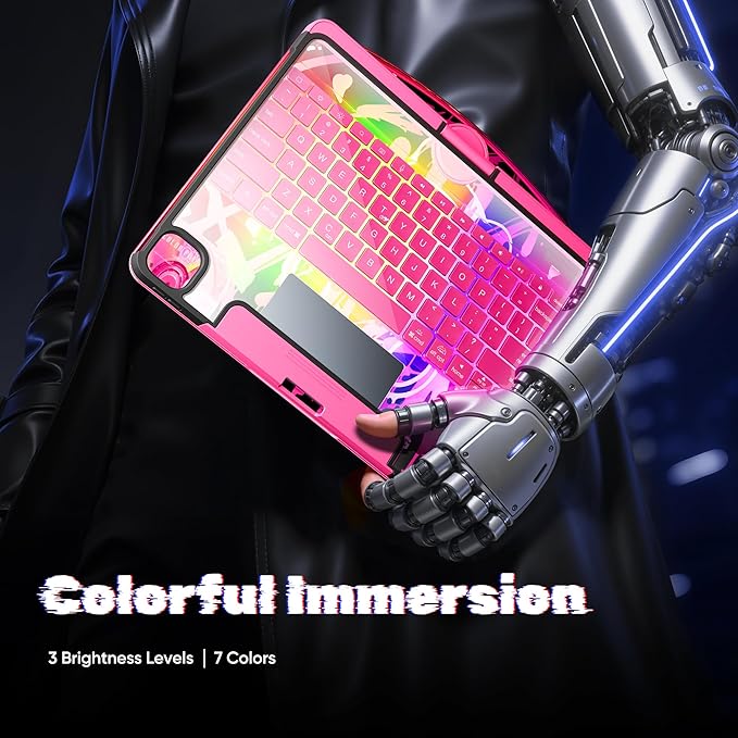 KITONE Transparent Case with Wireless Keyboard for iPad 10.2-in (7th, 8th, and 9th Gen), 7 Colors Backlight, Trackpad, 360°Rotating Stand, Tech Style