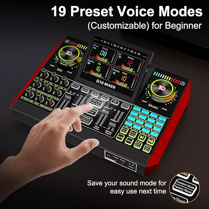 Audio Mixer, Sound Board for Pc/Phone Live Streaming Singing Gaming, Sound Mixer for 3.5mm/Xlr Dynamic/48V Microphone, Live Sound Card with DJ Mixer Effects & Voice Changer, Denoise, One Click Mute