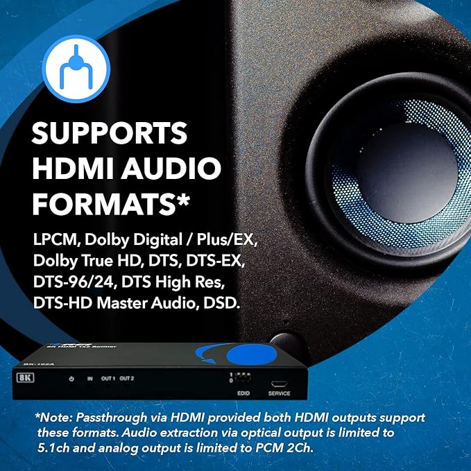 OREI 8K HDMI Splitter 1 X 2, Duplicate with Audio Extractor UltraHD Supports Upto 4K @ 120Hz IR EDID HDCP 2.3 - (BK-102A) (1x2 - Audio Out)