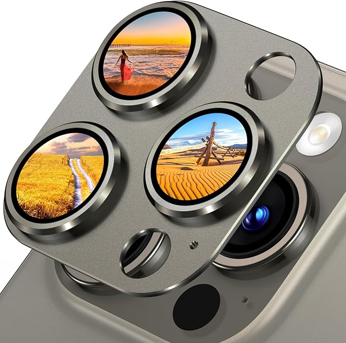 Uyiton Compatible with iPhone 15 Pro/iPhone 15 Pro Max Camera Lens Protector, [Not Easy to Break][Strong Adsorption][Case-Friendly] Metal Tempered Glass Rear Camera Screen Cover - Natural Titanium