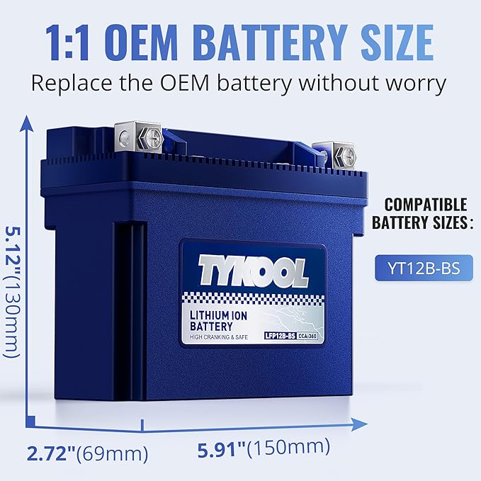 TYKOOL YT12B-BS, 3X Cranking Amps,Lithium LiFePO4 Motorcycle Battery, 12V 6Ah, 360CCA,Powersports Battery, Compatible for Ducati,Kawasaki 1000cc,Triumph 865cc,Yamaha 600cc,1000cc,Piaggio Vespa Scooter