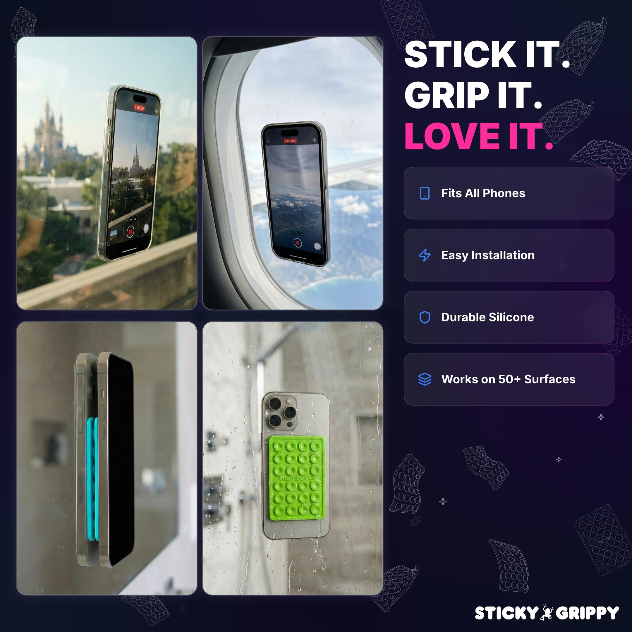 StickyGrippy Suction Phone Case Mount, Sillicon Adhesive Phone Accessory for iPhone and Android, Hands-Free Strong Grip Mirror Shower Phone Holder, Tiktok Videos and Selfies (Yellow)