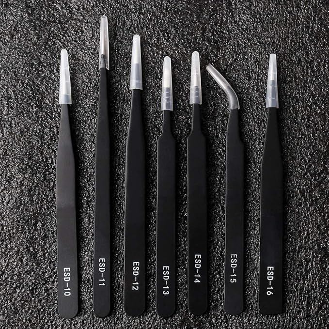Precision ESD Anti-Static Tweezers, 7 pcs Stainless Steel Tweezers Set for Electronics, Jewelry-making, Laboratory Work, Repairing, Hobbies