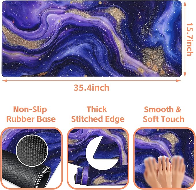 Mouse Pad Large Fluid Art Marble Texture Non-Slip Game Desk Mat with Stitched Edge Laptop Keyboard Desk Pad for Work Home Gaming (35.4 x 15.7 Inches)
