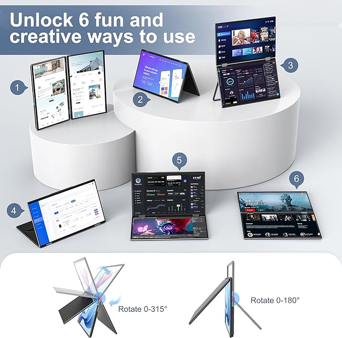 InnoView 15.6" Dual Portable Monitor 1920x1080P FHD 315°Adjustable Dual Stacked Foldable Monitor Built-in Speakers Screen Extender with HDMI/USB-C for Laptop Windows Mac